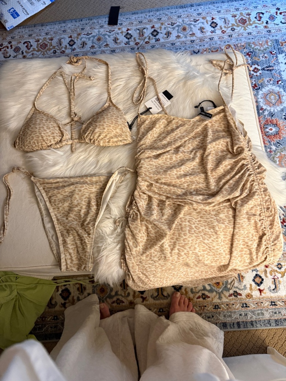 Kendall & Kylie Beige Leopard Print Triangle Bikini and cover up dress